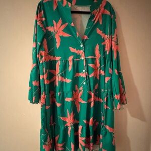SHEIN Green and Coral Floral Long Sleeve Dress